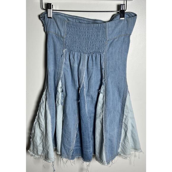 Pilcro Strapless Raw Seams Patchwork Denim Smocked Fit & Flare Mini Dress Small - Picture 5 of 13